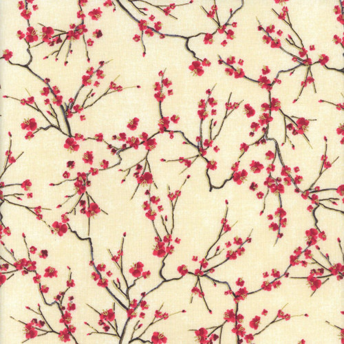 Timeless Treasures Fabrics Lotus Garden by Chong A Hwang Cream Cherry Blossom Branches Metallic, detailed floral fabric pattern with pink cherry blossoms and metallic accents on cream background.