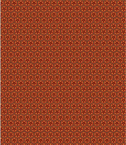 Timeless Treasures Fabrics Lotus Garden by Chong A Hwang Red Geo Metallic Floral, a vibrant fabric with a red background featuring a hexagonal honeycomb pattern with metallic gold and yellow floral accents in each hexagon.