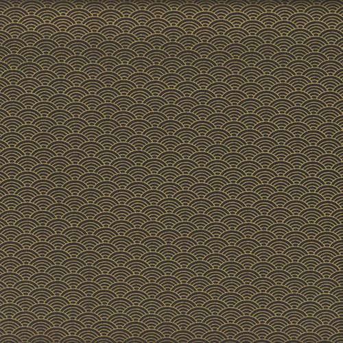 Timeless Treasures Fabrics Lotus Garden by Chong A Hwang Black Japanese Seigaiha Metallic, fabric with a repeating wave pattern in gold metallic on black background.