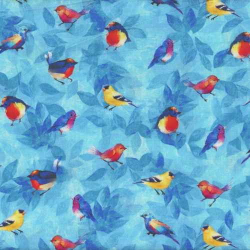 Timeless Treasures Fabrics Forest Bloom Blue Forest Birds, a vibrant fabric pattern with colorful birds and blue leaves.