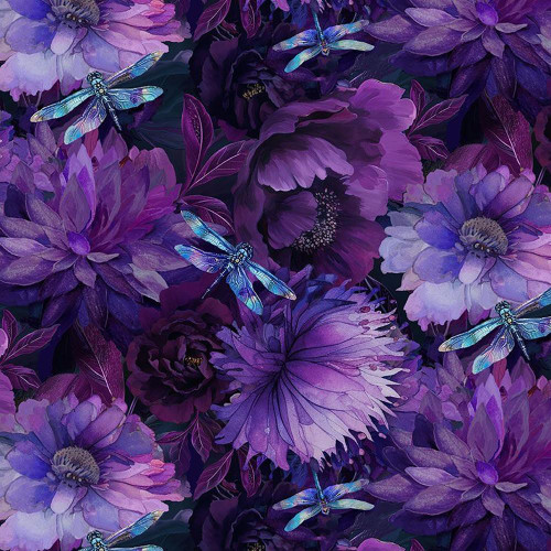 Timeless Treasures Fabrics Dragonfly Mist Purple Floral With Dragonflies, close-up of purple floral pattern with detailed dragonflies in vibrant colors.