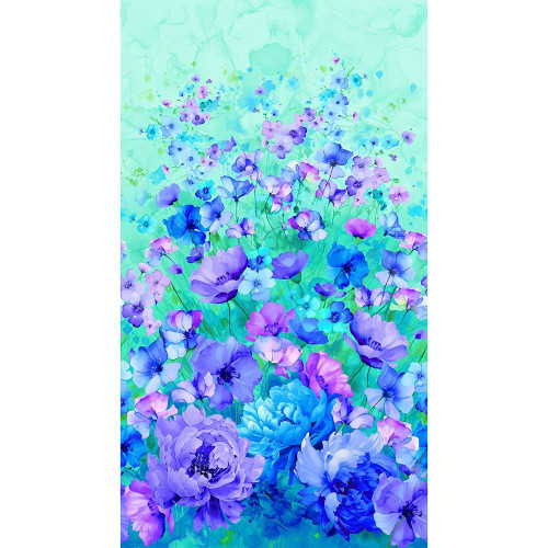 Timeless Treasures Fabrics Bellagio by Chong A Hwang Multi Floral Panel, vibrant digital floral pattern featuring blue, purple, and pink flowers on a soft green background.