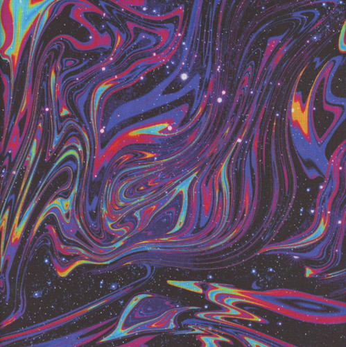 Timeless Treasures Fabrics Galaxy Black Galaxy Marble, vibrant swirling galaxy pattern with black background, colorful streaks and star-like dots.