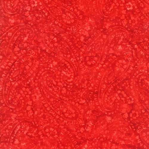 Timeless Treasures Fabrics Tonga Batiks Happy Red Floral Paisleys, vibrant red fabric with intricate floral and paisley motifs and swirling pattern.
