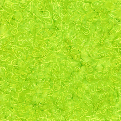 Timeless Treasures Fabrics Tonga Batiks Happy Neon Curling Leave Vines3, a vibrant green batik fabric with swirling leaf and vine patterns in neon hues.