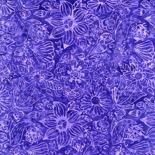 Timeless Treasures Fabrics Tonga Batiks Happy Violet Spring Floral, vibrant purple floral batik fabric with intricate flower and leaf patterns.