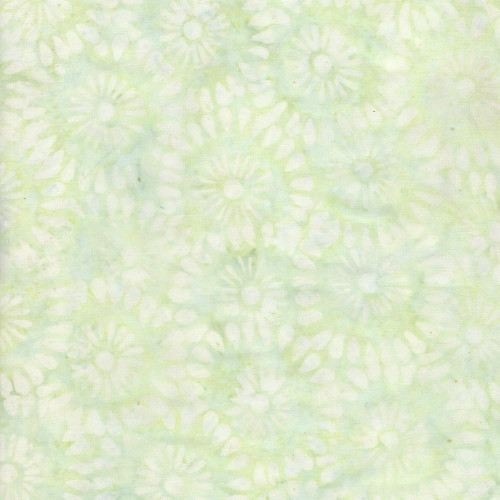 Timeless Treasures Fabrics Tonga Batiks Wallflowers Mint Daisies, light green fabric with a subtle pattern of white daisies.