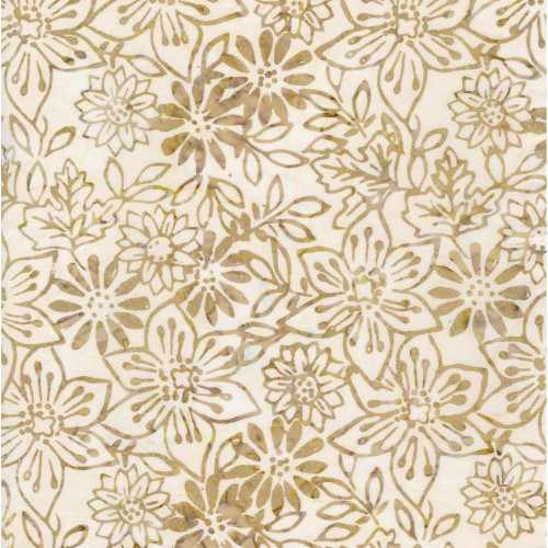 Timeless Treasures Fabrics Tonga Batiks Wallflowers Taupe Fresh Flowers, fabric with a taupe floral pattern on a cream background featuring stylized flowers and leaves.