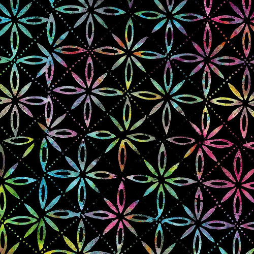 Timeless Treasures Fabrics 108 Inch Wide Quilt Back Multi Starflowers & Dots, colorful floral and dotted pattern on black background.