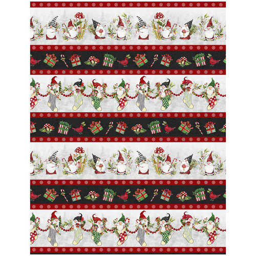 Wilmington Prints Merry Gnome-ments Susan Winget Gnomes Mushrooms Presents Stripe Black Red Green White