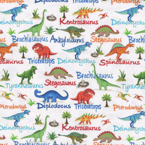 Timeless Treasures Fabrics Dinosaur Dig Cream Mini Dinosaurs & Names, fabric print featuring colorful dinosaurs and their names on a cream background.
