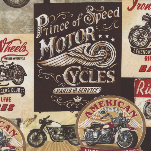 Timeless Treasures Fabrics Open Road Multi Packed Vintage Motorcycle Signs, fabric with vintage motorcycle signs and retro-inspired motorcycle designs.