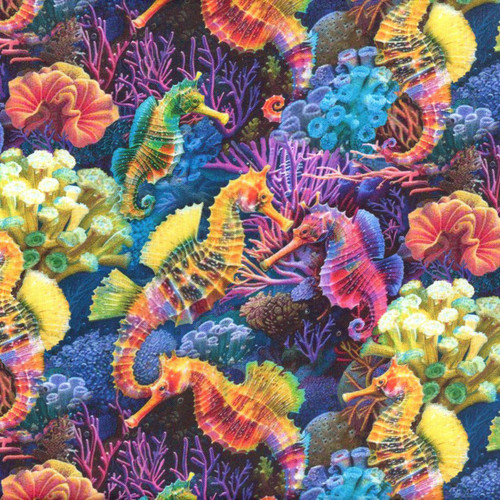 Timeless Treasures Fabrics Oceana Multi Reef Seahorses, vibrant fabric featuring colorful sea horses, coral reefs, and underwater marine life in shades of yellow, pink, blue, and purple.