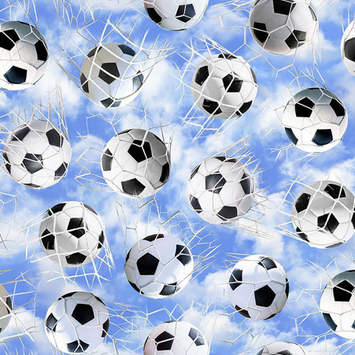 Timeless Treasures Fabrics Soccer Practice Blue Soccer Balls In Nets, multiple soccer balls caught in nets against a cloudy sky background.