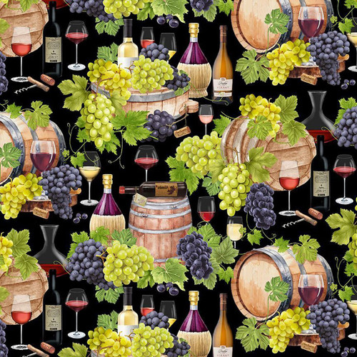 Timeless Treasures Fabrics Wine Bar Black Vintage Wine Cellar