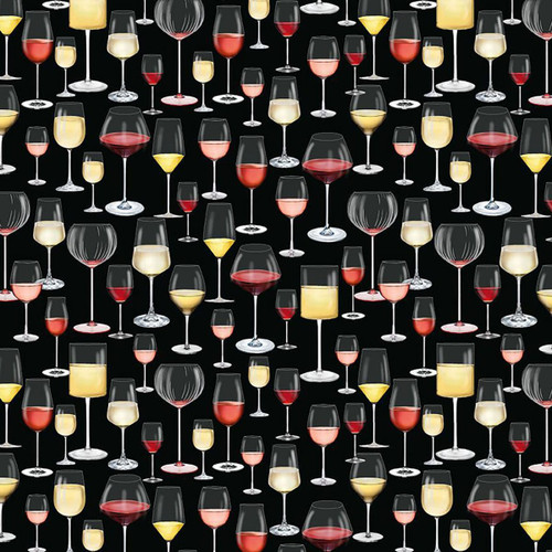 Timeless Treasures Fabrics Wine Bar Black Wine Glasses