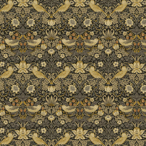 Free Spirit William Morris Bloomsbury Chona Mini Strawberry Thief, intricate floral and bird pattern in gold, beige, and black.