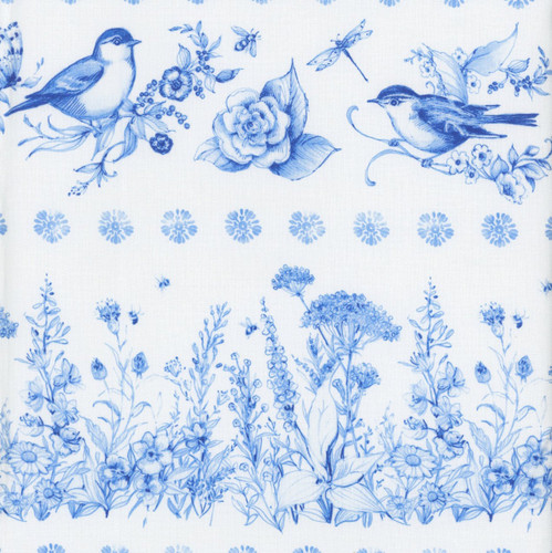 Lumin Fabrics White Owl Amalfi Coast Susan Winget Cream Blue Birds and Flowers Stripe