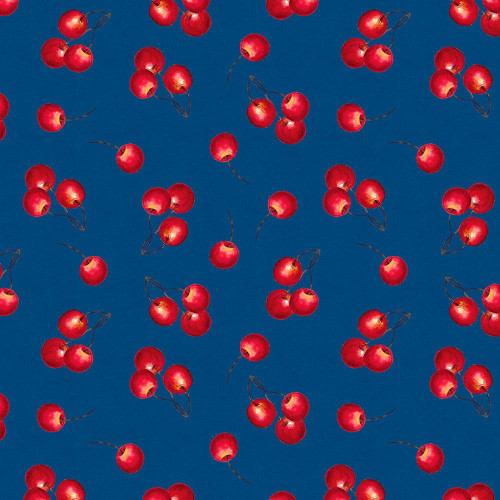 Lumin Fabrics White Owl Patchwork Picnic Susan Winget Navy Blue Red Cherries, fabric pattern with red cherries on a navy blue background.