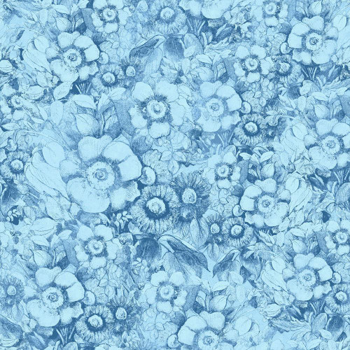 Lumin Fabrics White Owl Patchwork Picnic Susan Winget Blue Tonal Fruit Bloom Flowers, fabric pattern featuring a detailed blueprint-style floral design with owls, flowers, and leaves in shades of blue.