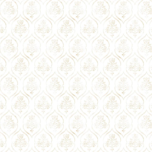 Lumin Fabrics White Owl Patchwork Picnic Susan Winget Cream White Floral Fleurette, quilt fabric with a white floral and ornate pattern on a cream background.