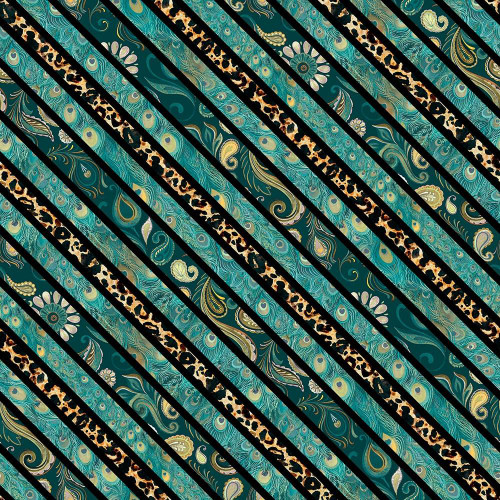 Lumin Fabrics White Owl Wild Garden Nicole Tamarin Teal Blue Nouveau Motif Stripe, detailed fabric pattern featuring vibrant teal and blue hues with exotic floral and animal print accents.