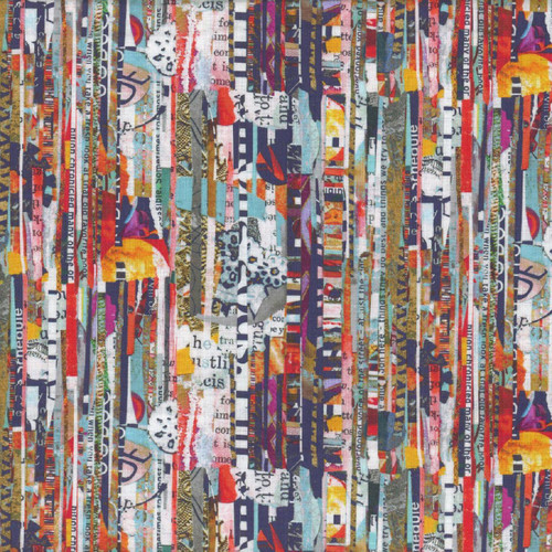 Blank Quilting Fabric Spread The Word Kathryn Kramer Waters Blue Newspaper Mini Strips, colorful fabric with collage of newspaper snippets, mini strips design for quilting and crafting.