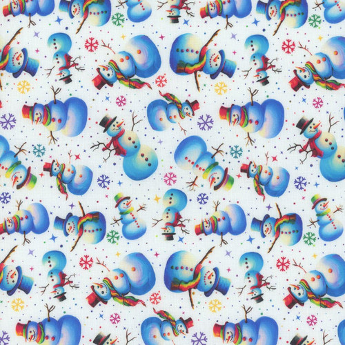 Blank Quilting Fabrics Frostykins Ray Heere White Snowmen with Snowflakes, colorful snowmen with scarves, hats, and snowflakes on a white background.