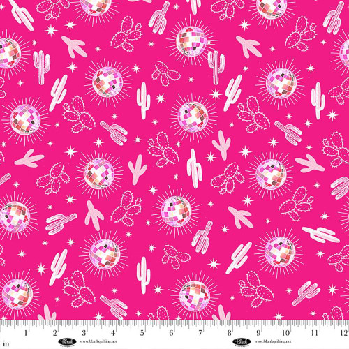 Blank Quilting Fabrics Saddle Up to the Disco, Rose Halsey Hot Pink Cacti and Disco Balls, vibrant pink fabric featuring disco balls, cacti, and stars in a lively, colorful pattern.