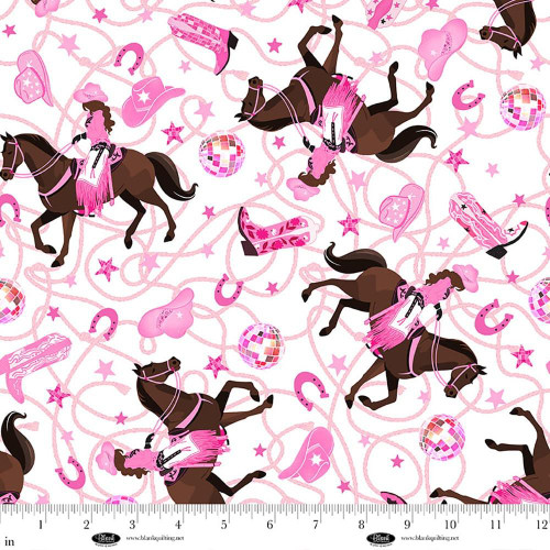 Blank Quilting Fabrics Saddle Up to the Disco Rose Halsey White Cowgirl Riding a Horse, a playful quilting fabric with pink and brown cowgirl themed motifs including horses, hats, boots, and disco balls on a white background.