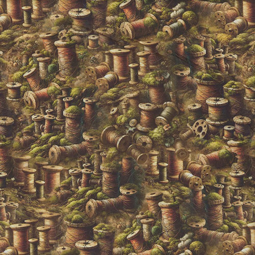 Blank Quilting Fabric Forget Me Not Marilyn Lee Tan Sewing Machine Panel, fabric with spools of thread and mossy textures in a detailed, artistic design. Blank Quilting Fabric Forget Me Not Marilyn Lee Tan Sewing Machine Panel, fabric with spools of thread and mossy textures in a detailed, artistic design.