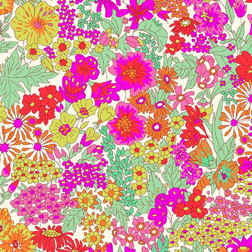 Liberty Fabrics Tana Lawn Pink Green Margaret Annie Bright Garden Floral, colorful floral pattern with various flowers and leaves in pink, green, orange, and red hues.