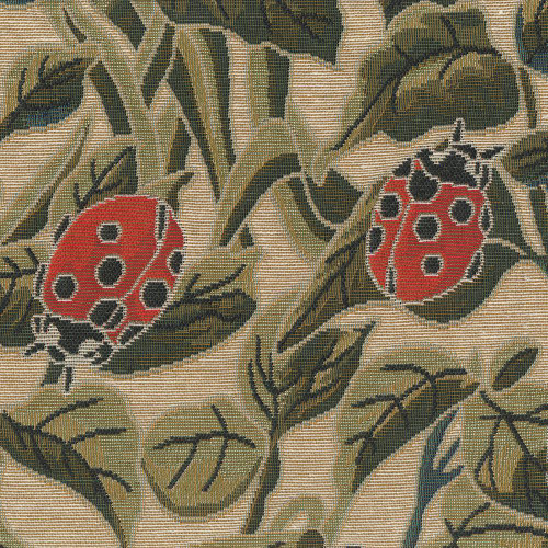 Hamilton Fabrics Dupain Linen Lady Bugs on Leaves Tapestry Red Green, close-up of fabric pattern featuring red ladybugs on green leaves and stems with beige background in a woven tapestry style.