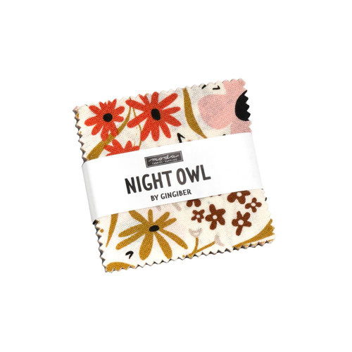 Moda Fabrics Night Owl Gingiber Mini Charm 2.5 Inch, fabric swatch featuring colorful owl and floral patterns.