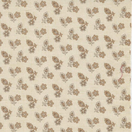 Moda Fabrics Joie De Vivre French General Pearl Natural Coucou, fabric with a delicate floral and leaf pattern in beige and brown tones.
