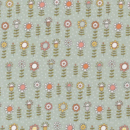 Moda Fabrics Lucky Sweetwater Sky Aqua Bloom Florals, fabric with a floral pattern featuring pastel pink, yellow, white, and orange flowers on a sky blue background.