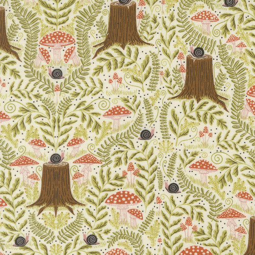 Moda Fabrics Night Owl Gingiber Cloud Mushroom Landscape, fabric design featuring mushrooms, snails, and forest foliage in earthy tones.