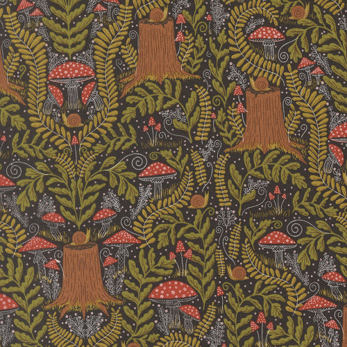 Moda Fabrics Night Owl Gingiber Midnight Black Mushroom Landscape