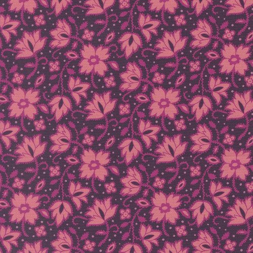 Moda Fabrics Parlor Crystal Manning Purple Soul Shine Plum, fabric with a floral pattern in shades of pink and purple on a dark purple background.