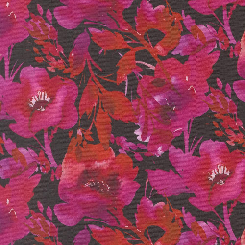 Moda Fabrics Radiant Amarilys Henderson Poppies Florals Watercolor Midnight Pink, vibrant floral fabric with watercolor-style pink and red poppies and leaves on a dark background.