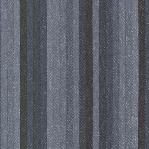 Moda Fabrics Prairie Gatherings Flannels Primitive Gatherings Lumberjack Stripe American Blue, a blue flannel fabric with vertical stripes in various shades of blue and plaid pattern.