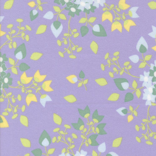 Moda Fabrics Sherbet Sunshine Flannel Corey Yoder Lavender Lavender Sunshine Bouquets, soft lavender background with yellow, white, and green floral patterns.