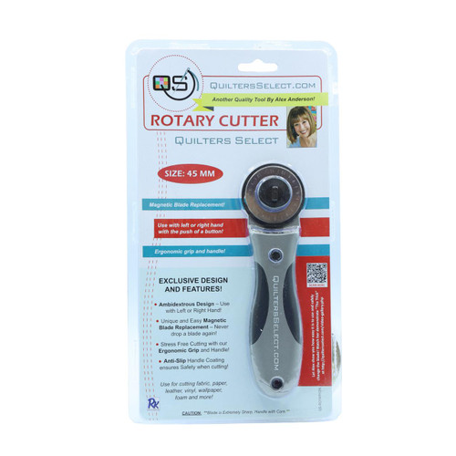 Quilters Select Select 45mm Deluxe Rotary Cutter, packaged in blister pack with ergonomic handle and magnetic blade replacement feature.