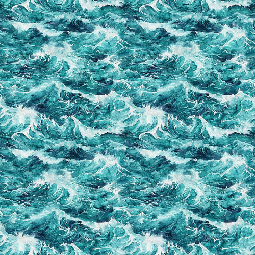 Quilting Treasures Dan Morris Earthly Delights Turquoise Blue Ocean Waves, fabric with a detailed pattern of turquoise and blue ocean waves.