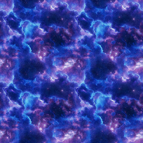 Quilting Treasures Dan Morris Earthly Delights Navy Night Sky fabric, galaxy pattern with vibrant shades of blue, purple, and pink, depicting a cosmic space scene with stars and nebulae.
