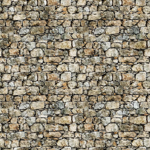 Quilting Treasures Dan Morris Earthly Delights Stone Grey Pavers Stone Wall, a detailed image of a textured stone wall with irregularly shaped stones in shades of grey, beige, and brown.
