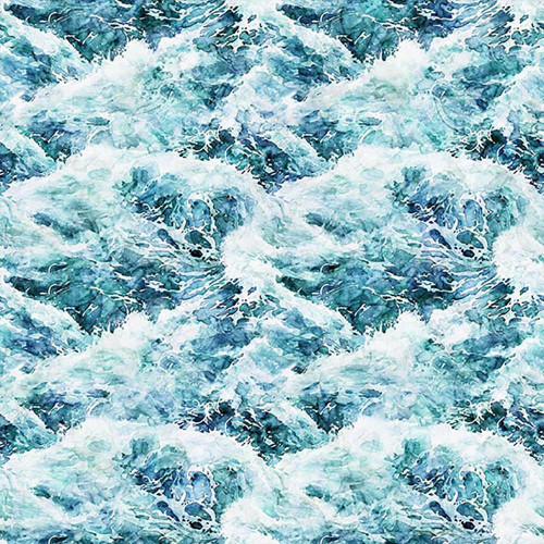 Quilting Treasures Dan Morris Earthly Delights Turquoise Blue Water Waves fabric, water-inspired pattern with shades of turquoise, blue, and white, ocean water design.