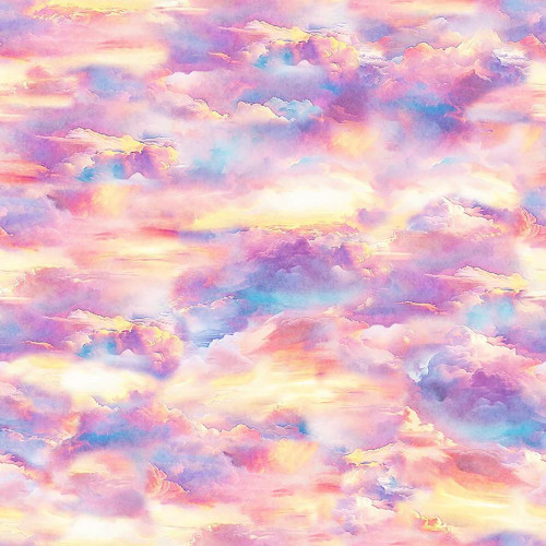 Quilting Treasures Dan Morris Earthly Delights Pink Yellow Blue Sunset Clouds, vibrant fabric print featuring pink, yellow, blue, and purple clouds resembling a beautiful sky at sunset.