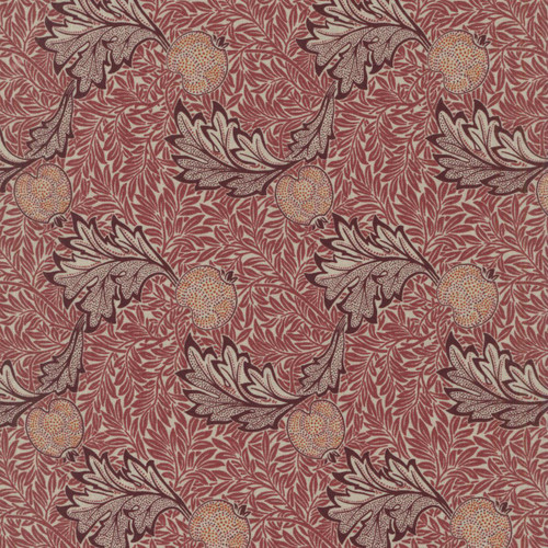 Free Spirit Fabrics Granada William Morris Apple Red, fabric with intricate apple and leaf pattern in red and beige tones.