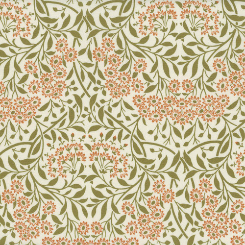 FreeSpirit Fabrics Buttermere William Morris & Co Michaelmas Daisy Sunshine fabric, with a detailed floral pattern of orange daisies and green leaves on a light background.